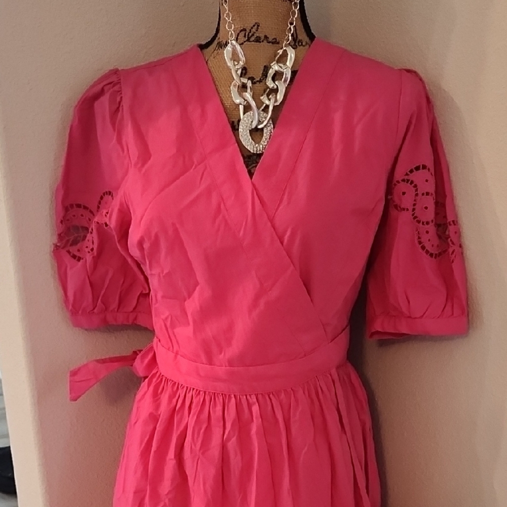 DKNY Women’s Pink Wrap Dress with Eyelet Sleeve Detail